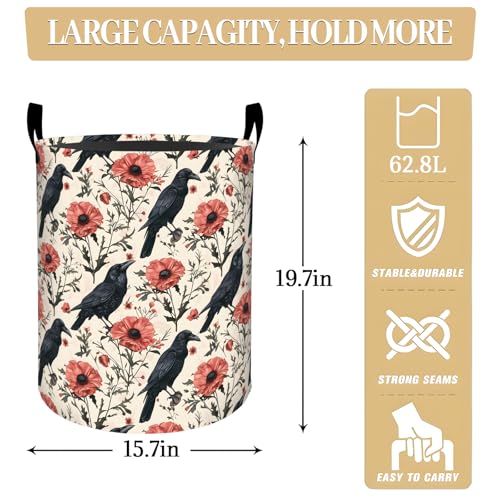 Elegant Crow with Red Flowers Laundry Basket, Dorm Nursery Foldable Gothic Laundry Hamper Organizer for Bathroom Decor, Toy Clothes Storage Box for Bedroom 19.7x15.7 Inch - style: Crow04