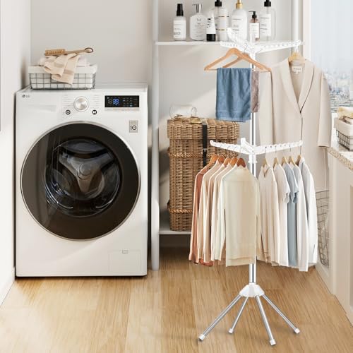SUYU Clothes Drying Rack,Folding Clothes Drying Tree, 2 Layer with 6 Rotatable Arms,72-Inch Indoor Clothes Rack,Stainless Steel,4 Legs,White and Silver SNJ202 - style: 2-Tier-Hang