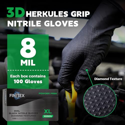 FINITEX Disposable Nitrile Diamond Texture Black 8mil Mechanic Gloves - color: Black (X-large 100)