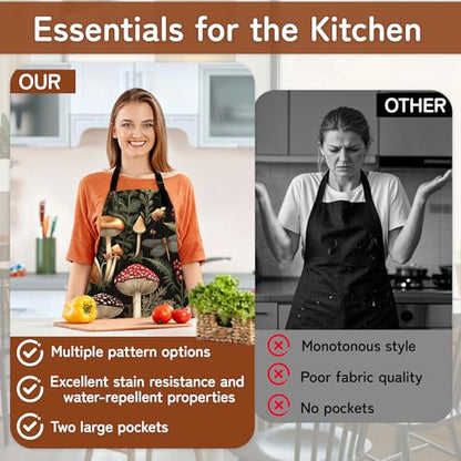 Cooking Aprons for Men and Women,Adjustable Bib Chef Apron with 2 Pockets, Soft and Durability Kitchen Apron - color: Mushroom Berry Dragonfly Forest