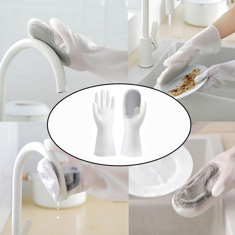 2 Pair Dishwashing Gloves with Scrubbing Bristles Dishes Washing Glove Brush Scrapper for Household Cleaning Kitchen Bathroom Car Garden