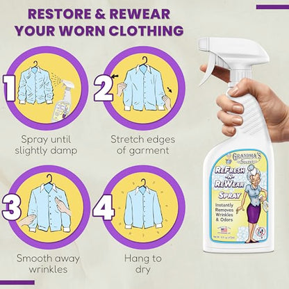 Grandma's Secret Refresh N ReWear Spray - Instantly Removes Wrinkles & Odors - Wrinkle Release, Fabric Refresher Spray, Chlorine, Bleach and Toxin-Free - 16 Ounce, 2 Pack - size: 16.00 Fl Oz (Pack of 2), style: Refresh N Rewear