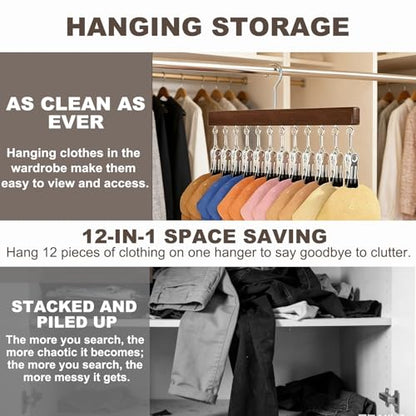 Wooden Rotating Pants Hanger, Closet Organizer with 12 Clips, Space Saving Hanging Clothes Legging Wardrobe Organizer for Jeans, Hats, Shorts, Socks (Brown+Nature, 2Pack)