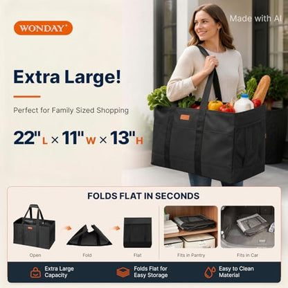 WONDAY Black Foldable Utility Tote Bag, Reusable Grocery Bag - color: Black