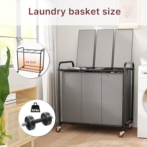 180L Laundry Sorter 3 Section with Lockable Wheels and Lid Grey - color: Grey-3 Sec, size: 47.55Gal