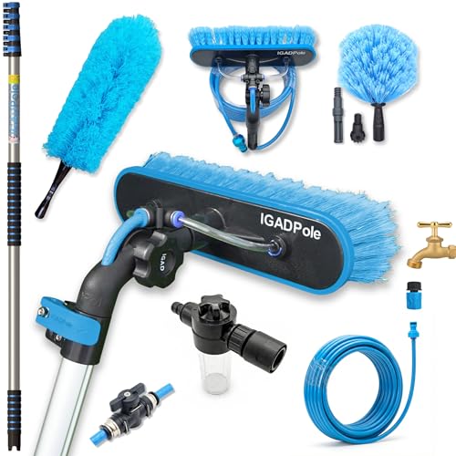 IGADPole 20 FT Water-Fed Cleaning Kit – Extendable Telescopic Pole with Soap-Dispenser, Brush & Cobweb Duster, Adjustable 5-20 FT Handle for Safe High Window, Gutter, Solar Panel & Exterior Cleaning - size: 20 ft Pole