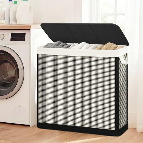 STO STO 3 Section Laundry Hamper with Lid, 180L Steel-Frame 3 Compartment Laundry Sorter with Removable Washable Liner, Breathable Large Laundry Basket for Bedroom, Bathroom, Laundry Room, Dorm - size: 3-Section