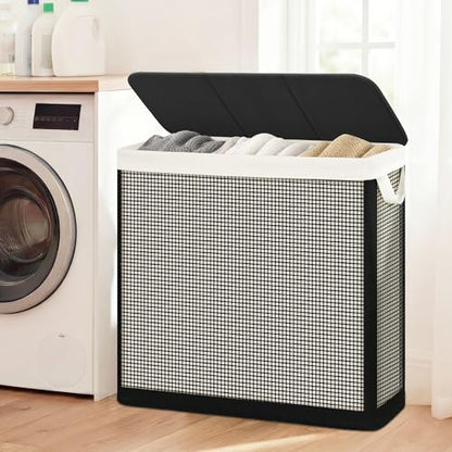 STO STO 3 Section Laundry Hamper with Lid, 180L Steel-Frame 3 Compartment Laundry Sorter with Removable Washable Liner, Breathable Large Laundry Basket for Bedroom, Bathroom, Laundry Room, Dorm - size: 3-Section