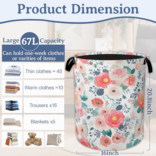 Pink Flowers Laundry Basket,Foldable Waterproof Oxford Cloth Tote Bag Cactus Laundry Hamper with Handles,20.8"x16" Clothes Storage Bucket Organizer for Laundry Room, Bathroom, Bedroom - color: Pink Flowers Cactus