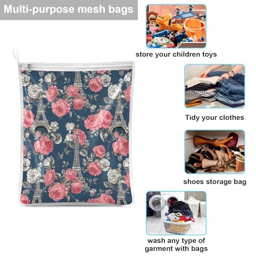 Mesh Laundry Bags Lingerie Bags for Washing Delicates 2 PCS Durable Wash Bag with Zipper Small and Medium Washable Blue French Eiffel Tower and Roses - color: Blue French Eiffel Tower and Roses