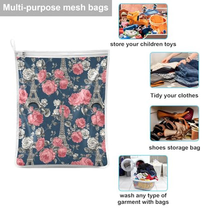 Mesh Laundry Bags Lingerie Bags for Washing Delicates 2 PCS Durable Wash Bag with Zipper Small and Medium Washable Blue French Eiffel Tower and Roses - color: Blue French Eiffel Tower and Roses