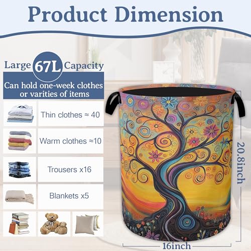 Abstract Tree Flowers Laundry Basket,Oxford Cloth Laundry Hamper With Handle Foldable Portable Clothes Storage Basket for Laundry Room/Bedroom/Bathroom 20.8"x16" - color: Abstract Tree Flowers