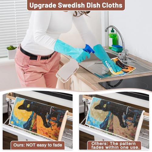Lucomb 10 Pack Swedish Dishcloth Cellulose Sponge Cloths Bulk, Reusable Absorbent Kitchen Towels Dish Cloths Set Quick Drying Washable for Dishes Counters - color: 10 Pack-black Cats+ Clips