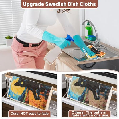 Lucomb 10 Pack Swedish Dishcloth Cellulose Sponge Cloths Bulk, Reusable Absorbent Kitchen Towels Dish Cloths Set Quick Drying Washable for Dishes Counters - color: 10 Pack-black Cats+ Clips