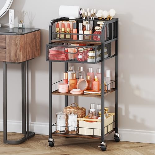 HapiRm Makeup Organizer Storage Cart - 4 Tier Skincare Make Up Storage with Drawer, Rolling Makeup Cart Vanity Organizer Cosmetics Display Cases Holder for Skin Care Perfume Nail Polish Brush - color: Black