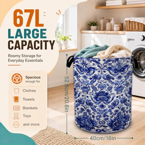Blue and White Porcelain Laundry Basket,Flowers Foldable Oxford Laundry Hamper with Handles,Collapsible Clothes Storage Basket for Bedroom,Bathroom,or Laundry Room,20.8 x 16 Inches - color: Blue and White Porcelain Flowers