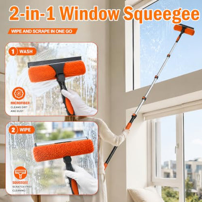 LAANPOLE 20FT High Reach Duster Cleaning Kit with Extension Pole, High Ceiling Fan Cleaner Duster Tool for Fan Blades, Window Washing Kit with Microfiber Feather Duster & Window Squeegee - size: 12FT