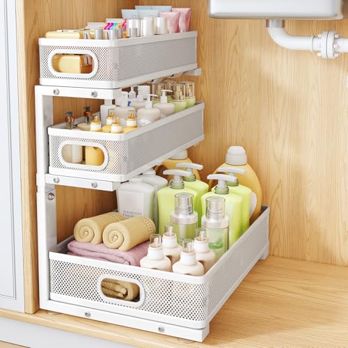 Under Sink Organizer, 3-Tier Thickened Metal Pull out Cabinet Organizer Shelf, Height Adjustable Slide out Storage Drawer Rack for Kitchen Bathroom Pantry Laundry Home Organization, 1-Pack, White - color: White, size: 1-Pack
