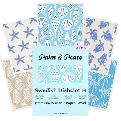 Palm & Peace Swedish Dishcloths for Kitchen - 5 Pack - Reusable Paper Towels - Super Absorbent, Non-Scratch, Washable, Sustainable, 100% Compostable Cleaning Cloths (Sea Breeze) - color: Sea Breeze