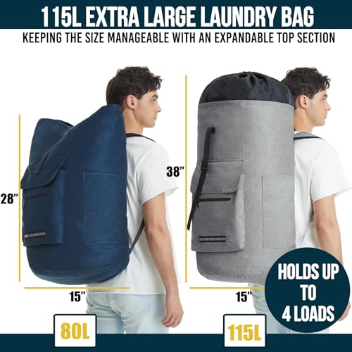 Laundry Backpack Bag, 115L Extra Large Laundry Bag with Straps, Heavy Duty Laundry Backpack with 4 Pockets, Sturdy College Backpack Laundry Bags, XL Laundromat Bags for College Dorm Room, Apartment - color: light Gray