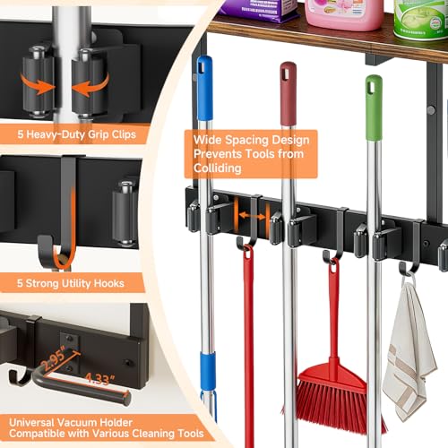3 in 1Broom Holder Wall Mount,Laundry Room Organization and Storage Shelves with 5 Mop Hanger Rack Gripper Hooks,Utility Shelf Closet Organizer for Garage, Garden,Kitchen,Closet