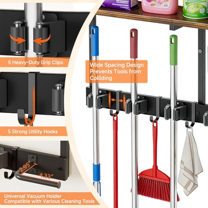 3 in 1Broom Holder Wall Mount,Laundry Room Organization and Storage Shelves with 5 Mop Hanger Rack Gripper Hooks,Utility Shelf Closet Organizer for Garage, Garden,Kitchen,Closet