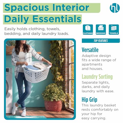 Home Logic 1.75 Bushel Plastic Laundry Basket with Hip Grip, Large Laundry Hamper with Handles, Ventilated Clothes Organizer for Bedroom Bathroom Closet, 2 Pack, White - size: 1.75 Bushel