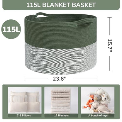INDRESSME 115L Extra Large Woven Rope Blanket Basket Living Room Green - color: Green & White, size: 23.6"D x 15.7"H