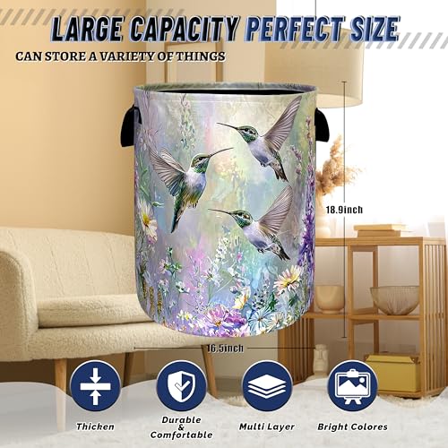Beautiful Hummingbird Laundry Basket Oxford Cloth Hamper 18.9"x16.5" - color: Hummingbird Watercolor Floral