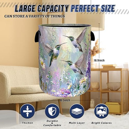 Beautiful Hummingbird Laundry Basket Oxford Cloth Hamper 18.9"x16.5" - color: Hummingbird Watercolor Floral