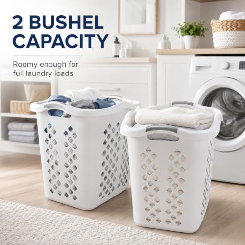 Laundry Basket 2 Bushel Plastic with Handles White for Bedroom Dorm - color: White