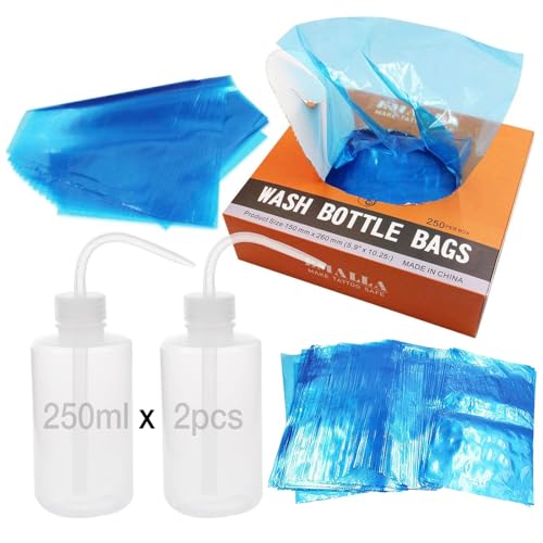 Tattoo Wash Bottle Bags 250pcs and 2pcs squeeze bottles 8oz - color: Blue