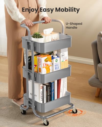 Pipishell Metal 3 Tier Rolling Cart with Handle & 2 Lockable Wheels, Gray - color: Gray, size: 3-Tier