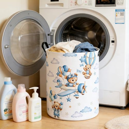 Foldable Waterproof Round Fabric Laundry Basket Home, Blue Pilot Bear - color: Round-Blue Pilot Bear