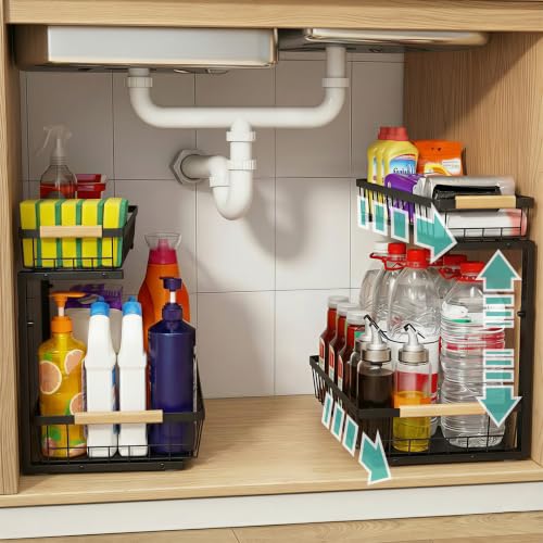 Under Sink Organizer, 2 Tier Pull Out Cabinet Organizers and Storage for Kitchen Bathroom Pantry Laundry, Adjustable Height, Slide Out Thickened Metal Storage Shelf (Black, 1 Pack) - color: Black, size: 1 Pack