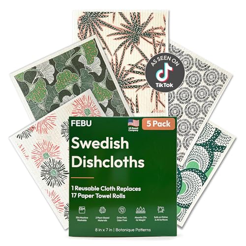 FEBU Swedish Dishcloths for Kitchen, 5 Pack, Botanique - color: Botanique