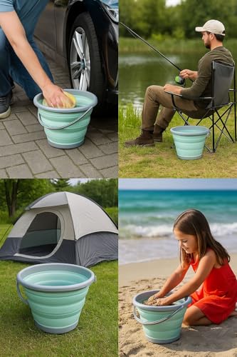 Collapsible Bucket, 10L 2.6 Gallon Foldable Water Pail for Household Outdoor Camping Beach Car Washing, Space Saving Portable Storage Tub. Includes Squeegee.