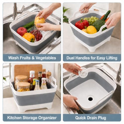 Collapsible Dish Basin with Drain Plug, Foldable Wash Basin 2.4 Gal (9L) - color: Gray
