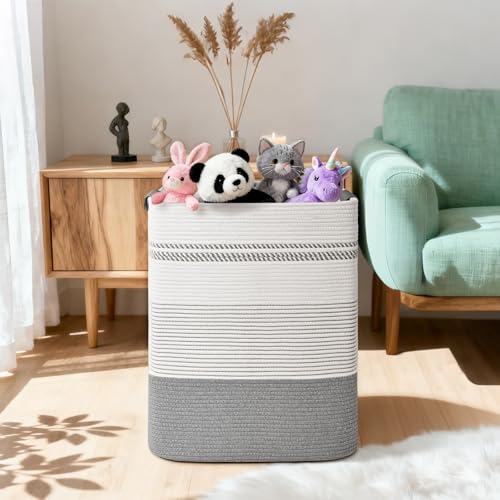 Laundry Hamper, 85L Tall Laundry Basket with Leather Handles, Rectangle Large Clothes Hamper for Organizing, Cotton Woven Laundry Baskets Storage Hampers for Bedroom, Nursery, Living Room - color: Grey, size: 85L
