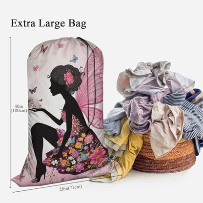 Swono Extra Heavy Duty Laundry Bag Butterfly Girl Fairy, Cartoon Flower Magic Silhouette X-Large Dirty Clothes Drawstring Bag, Washable Laundry Liner for Hamper, Ideal for Camp, Travel - color: Butterfly Girl Fairy