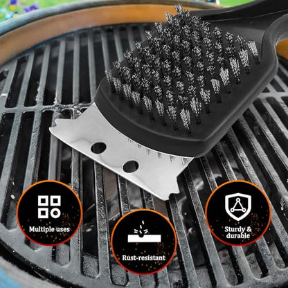 15.75” Grill Brush - BBQ Scraper with Ergonomic Non-Slip Grip & Steel Bristles, Deep Clean Outdoor Grill Grates Without Bending (Safer, Long Handle)