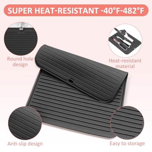 Large Heat Resistant Silicone Mat for Hair Tools: Curling Iron, Flat Iron, Hair Straightener - Portable Hair Styling Pad Cover - color: Black