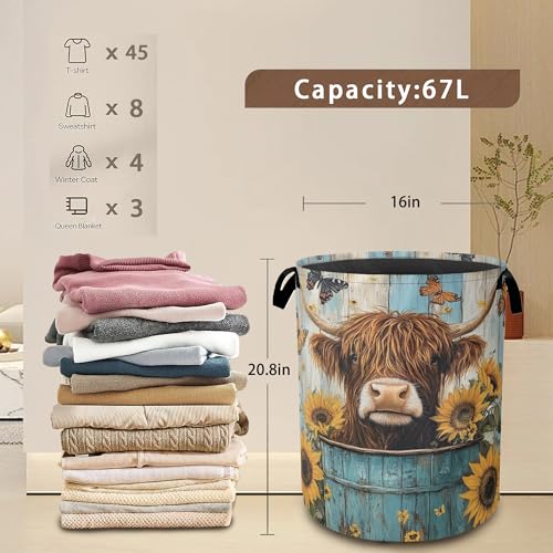 Large Laundry Basket,Highland Cow Collapsible Laundry Baskets,Sunflower Butterfly Waterproof Oxford Hamper with Handles for Bathroom Bedroom Nursery Home Storage 16"x20" - color: Highland Cow,Sunflower Butterfly,Blue Wooden