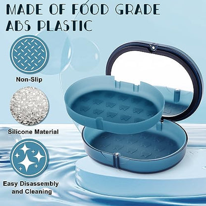 New Double-layer Retainer Storage Case with Belt Chewing,Removal Tool,Cleaning Brush,Built in Mirror Orthodontic Retainer Case - color: blue