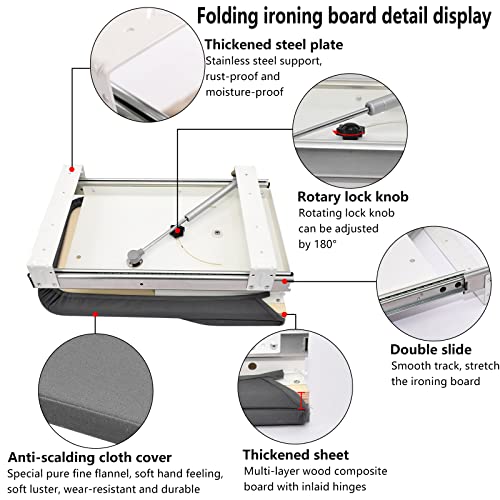 AKOZLIN Retractable Pull Out Ironing Board Closet Sliding Out Swivel Iron Board Mounted in Drawer with Heat Resistant Ironing Cover, Board Size: 31.88"*13", Gray