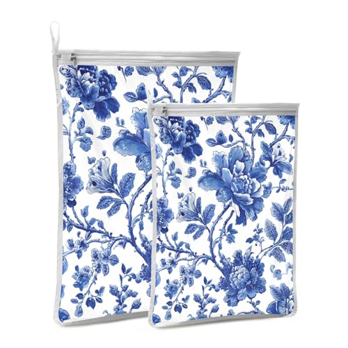 Mesh Laundry Bags Lingerie Bags for Washing Delicates 2 PCS Durable Wash Bag with Zipper Small and Medium Washable Blue and White Flowers Leaves - color: Blue and White Flowers Leaves