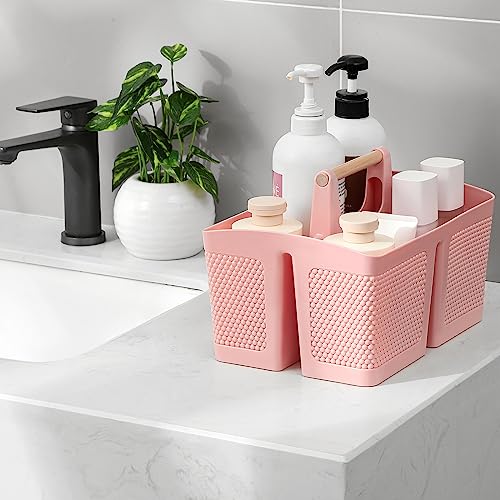 rejomiik Portable Plastic Shower Caddy with Bamboo Handle, Pink - color: Pink