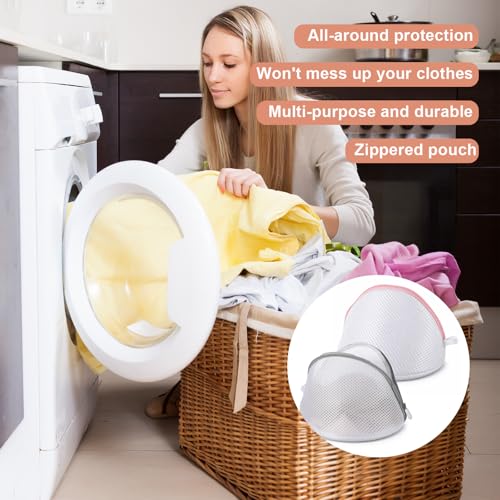 2 PCS Bra Washing Bags, 2 Colors Mesh Wash Bag for Bras with Zipper Lingerie Washer Protector Large Bra Laundry Bags Women Mesh Lingerie Wash Bag for Washing Underwear & Delicates (Pink, Gray)