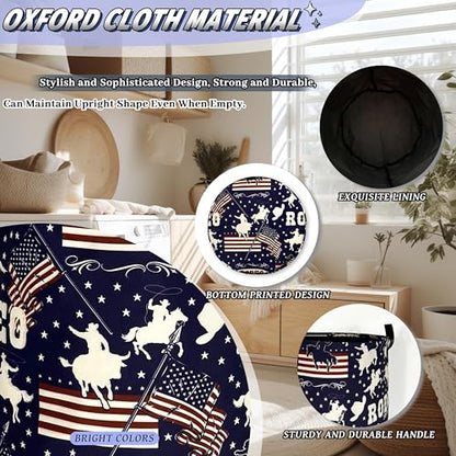 Western Cowboy Laundry Basket Oxford Cloth Foldable Hamper 18.9x16.5 Inch - color: Western Cowboy With American Flag
