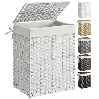 SONGMICS Laundry Hamper with Lid, 23.8 Gal (90 L) Synthetic Rattan,Foldable - color: Cloud White, size: 90 L